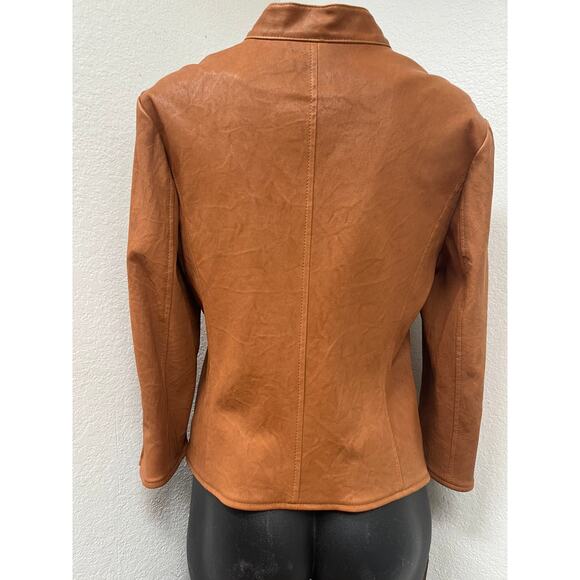 Susan Bender Stretch Leather Crop Zip Sleeve Moto Cross Jacket in Saddle 10 - Picture 5 of 5